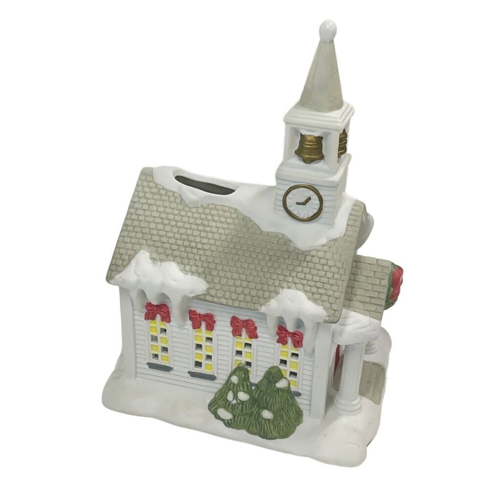Partylite Hand-Painted Ceramic Christmas Church With Clock & Wreath